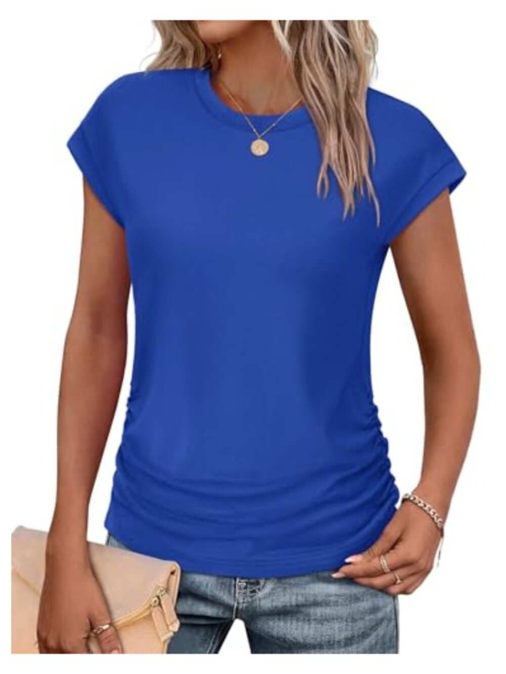 Womens Ruched Side Cap Sleeve T-Shirt Crew Neck Summer Top Loose Fit